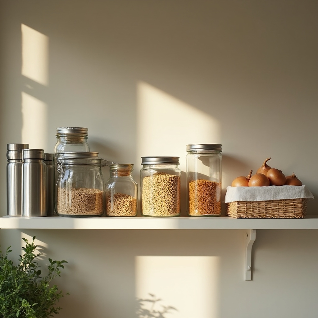 Cucina organizzata con barattoli in vetro etichettati e contenitori in acciaio su una mensola aperta