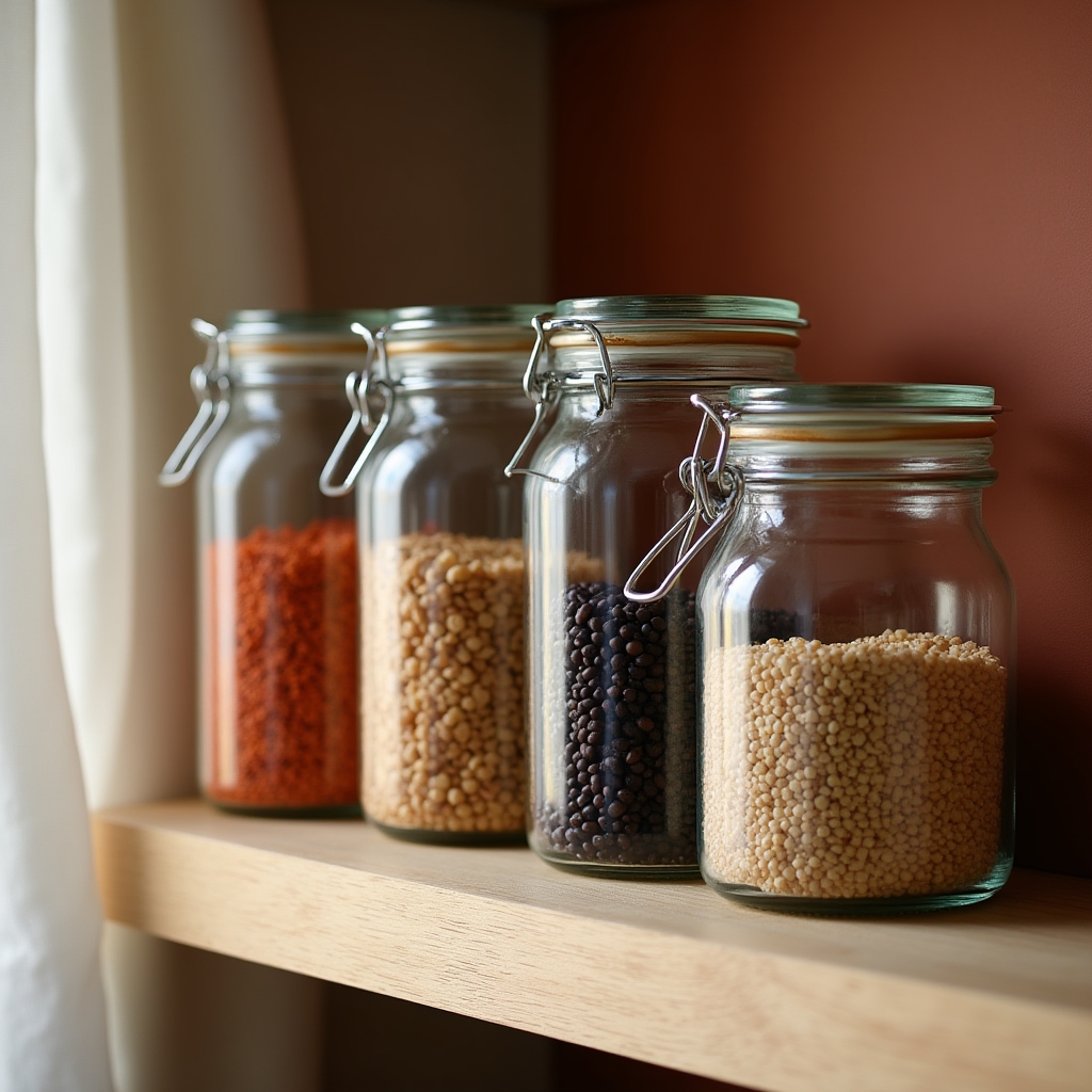Barattoli ermetici in vetro borosilicato allineati su una mensola di dispensa, con legumi e cereali visibili all'interno