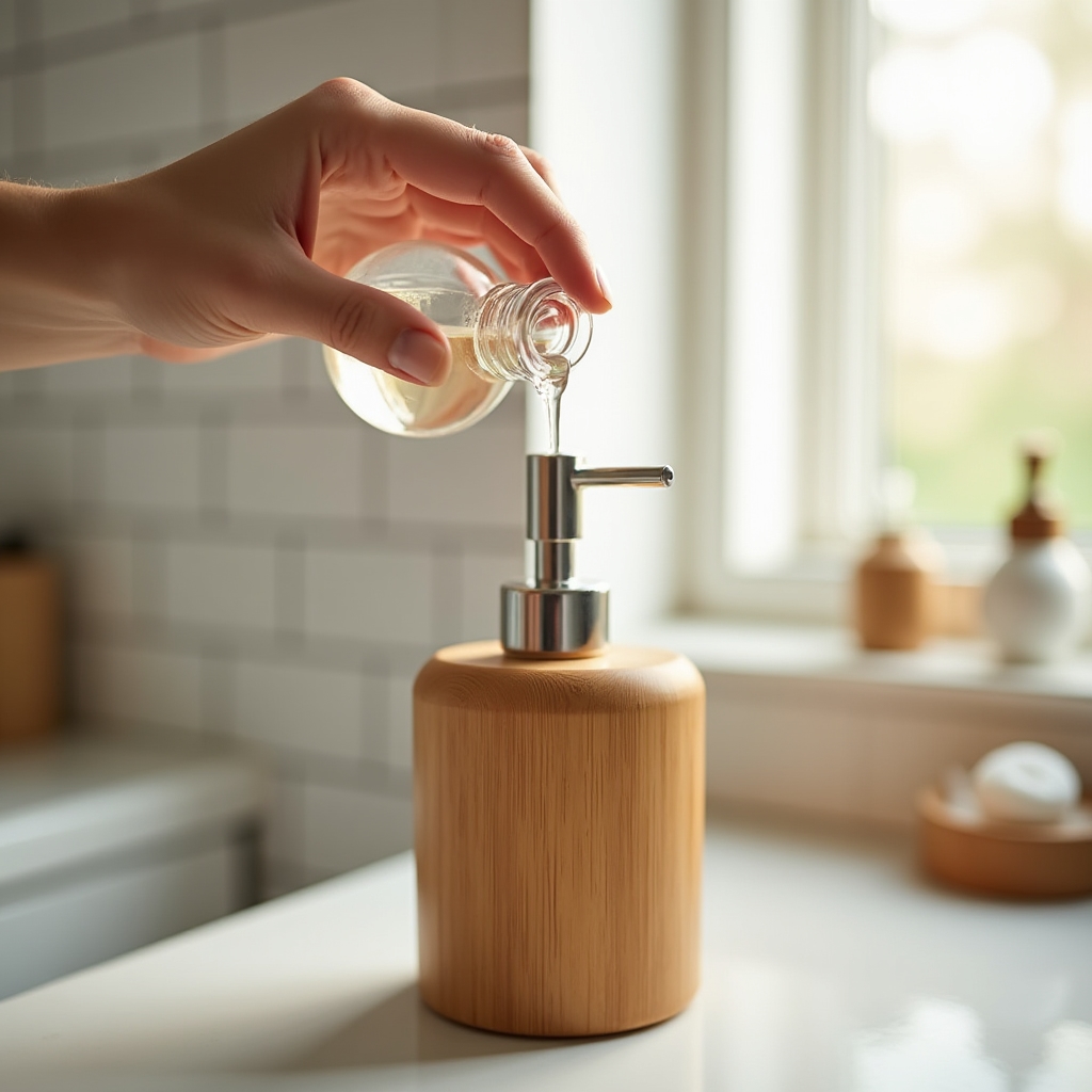 Mano che versa sapone liquido da una bottiglia in vetro dentro un portasapone ricaricabile in bambù