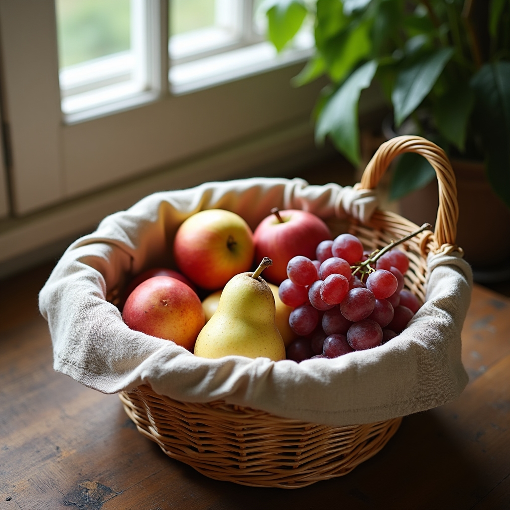 Cestino in vimini con fodera in lino chiaro riempito di frutta di stagione